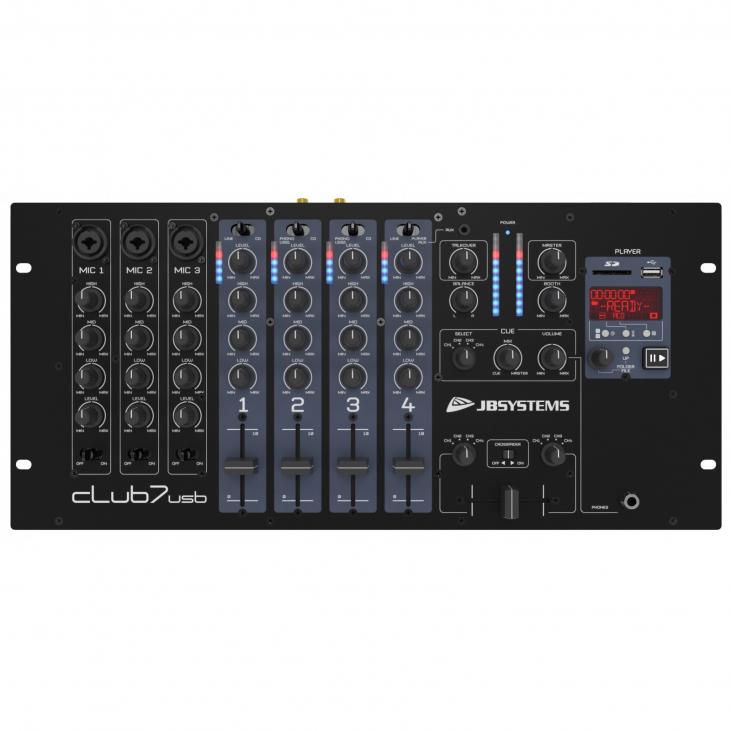 JB SYSTEMS CLUB7USB - Mixer DJ, 13 entrées sur 7 canaux (3 microphones, 5 lignes, 2 phonos ou 2 USB, 1 auxiliaire)