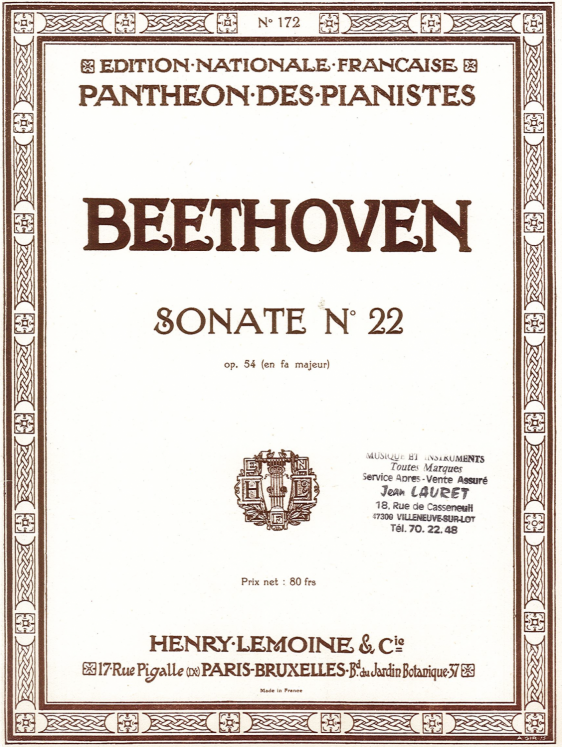 BEETHOVEN - SONATE N22 OP54 PIANO ED LEMOINE