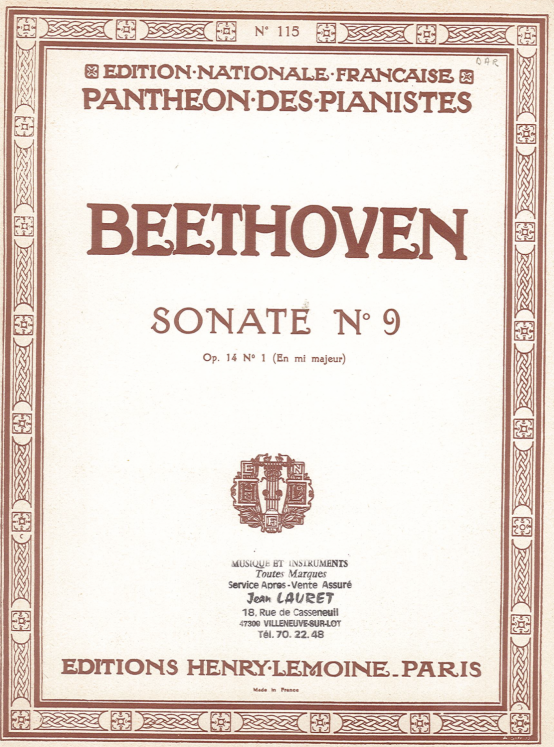 BEETHOVEN - SONATE N9  OP14/1 PIANO ED LEMOINE