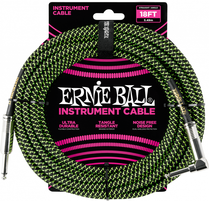 ERNIE BALL EB6082 CABLE 5,5M JACK DROIT/JACK COUDÉ GAINE TISSÉE NOIR/VERT