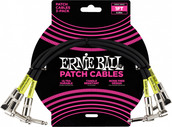 ERNIE BALL EEB6075 PACK 3 CABLES PATCH NOIRS 30 CM COUDES